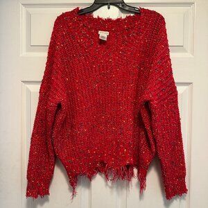 Red Main Strip Confetti Frayed Edge Sweater size Large